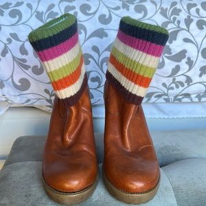Coach leather high heel boots with striped knit accent